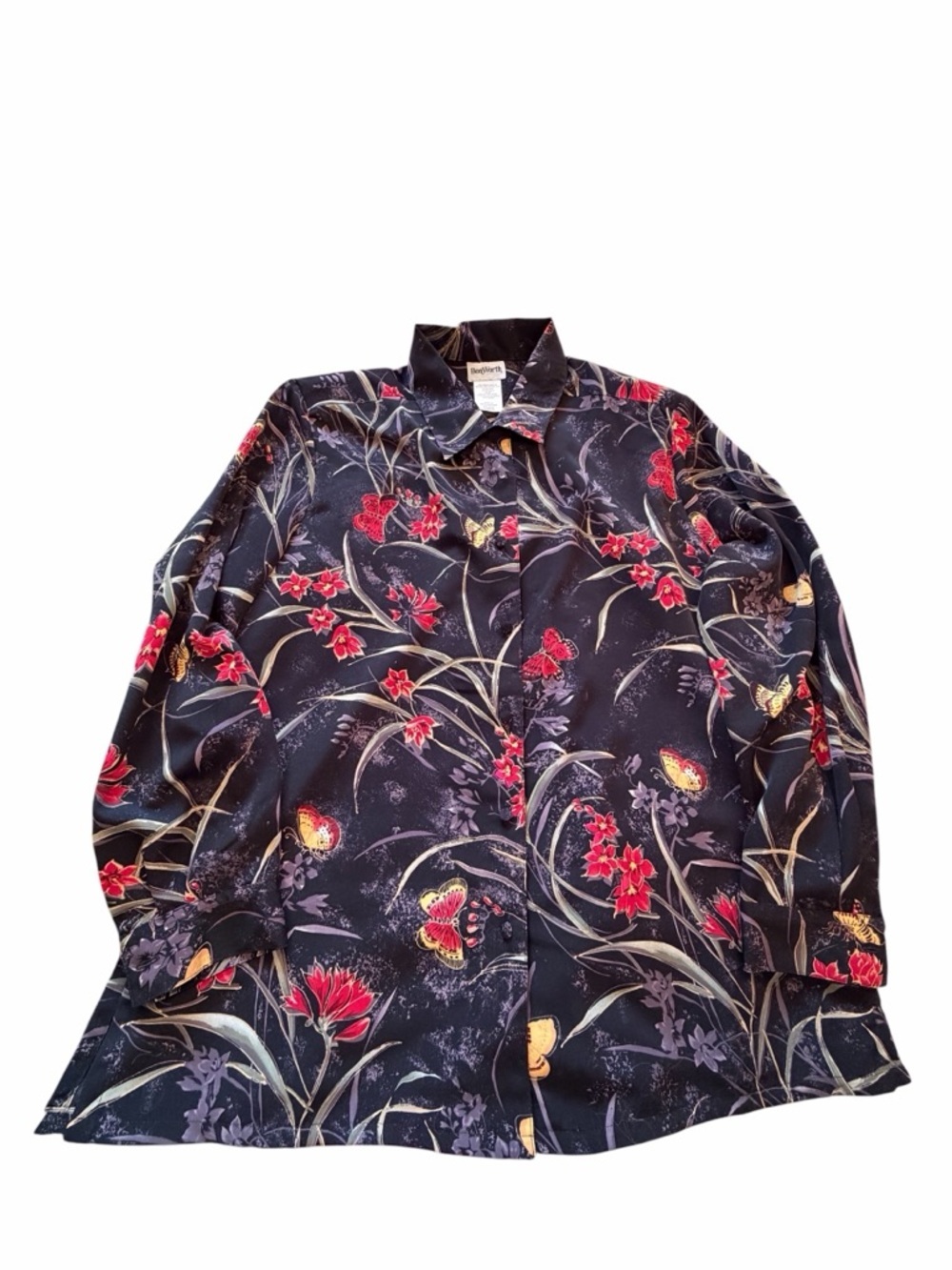 Vintage Bonworth Black Silky Button up Blouse-Flowers,Plants,Butterflies-Medium